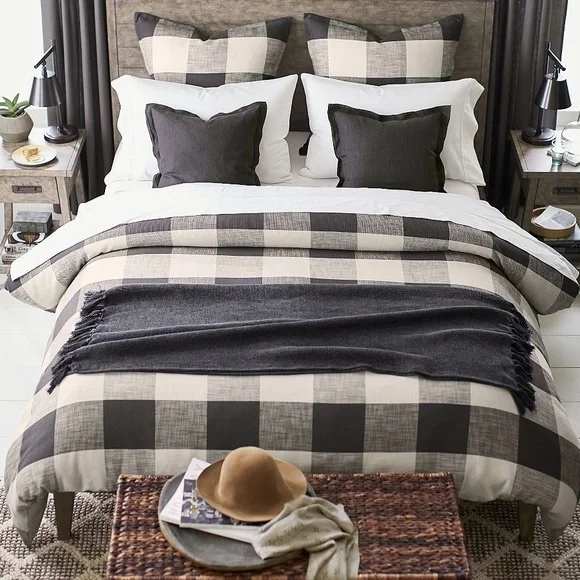 Pottery Barn Buffalo Check Duvet Cover King/Cal King Black Ivory 100% Cotton - Picture 2 of 12